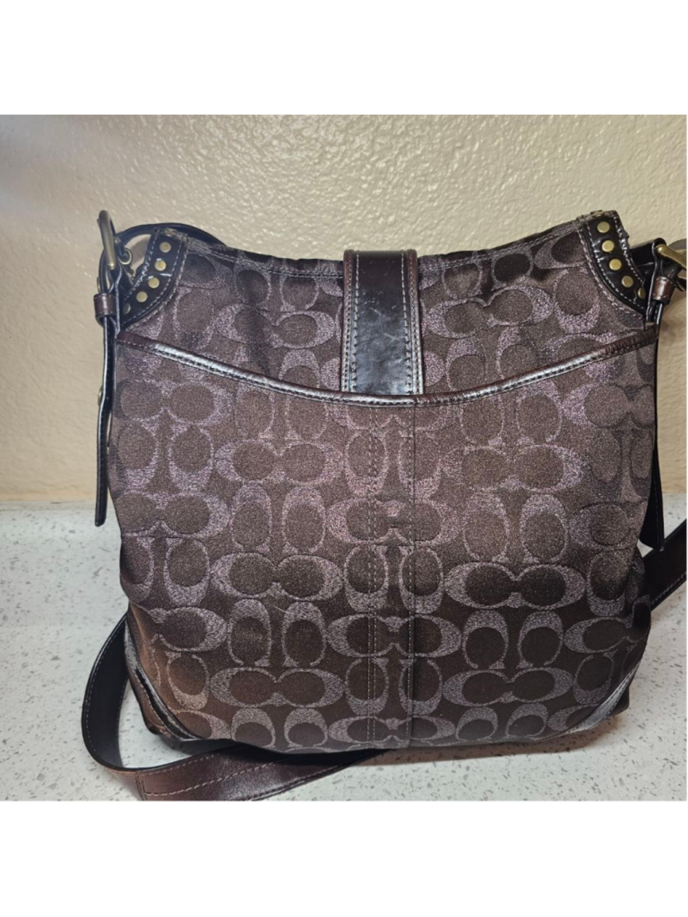 Coach Brown Signature Jacquard Studded Flap Shoulder Bag - Picture 2 of 10